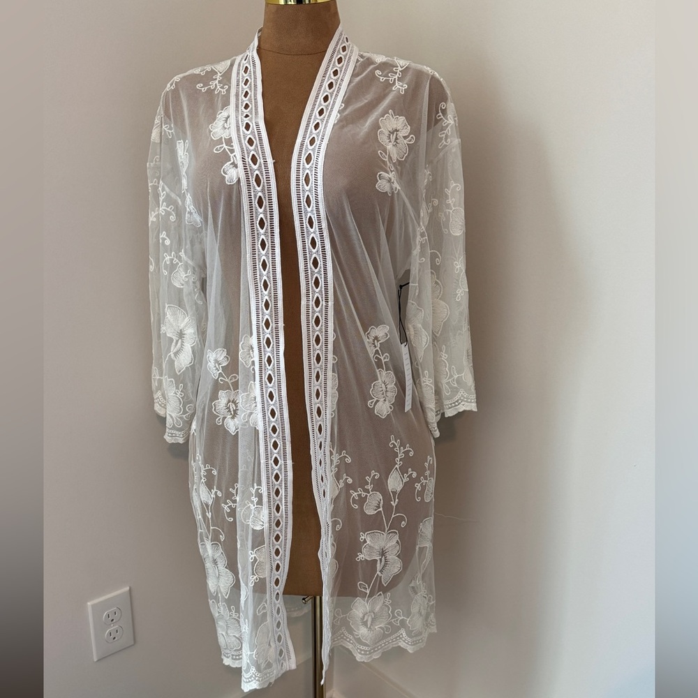 Forever 21 | Sheer White Floral Embroidered Kimono Swimsuit Coverup